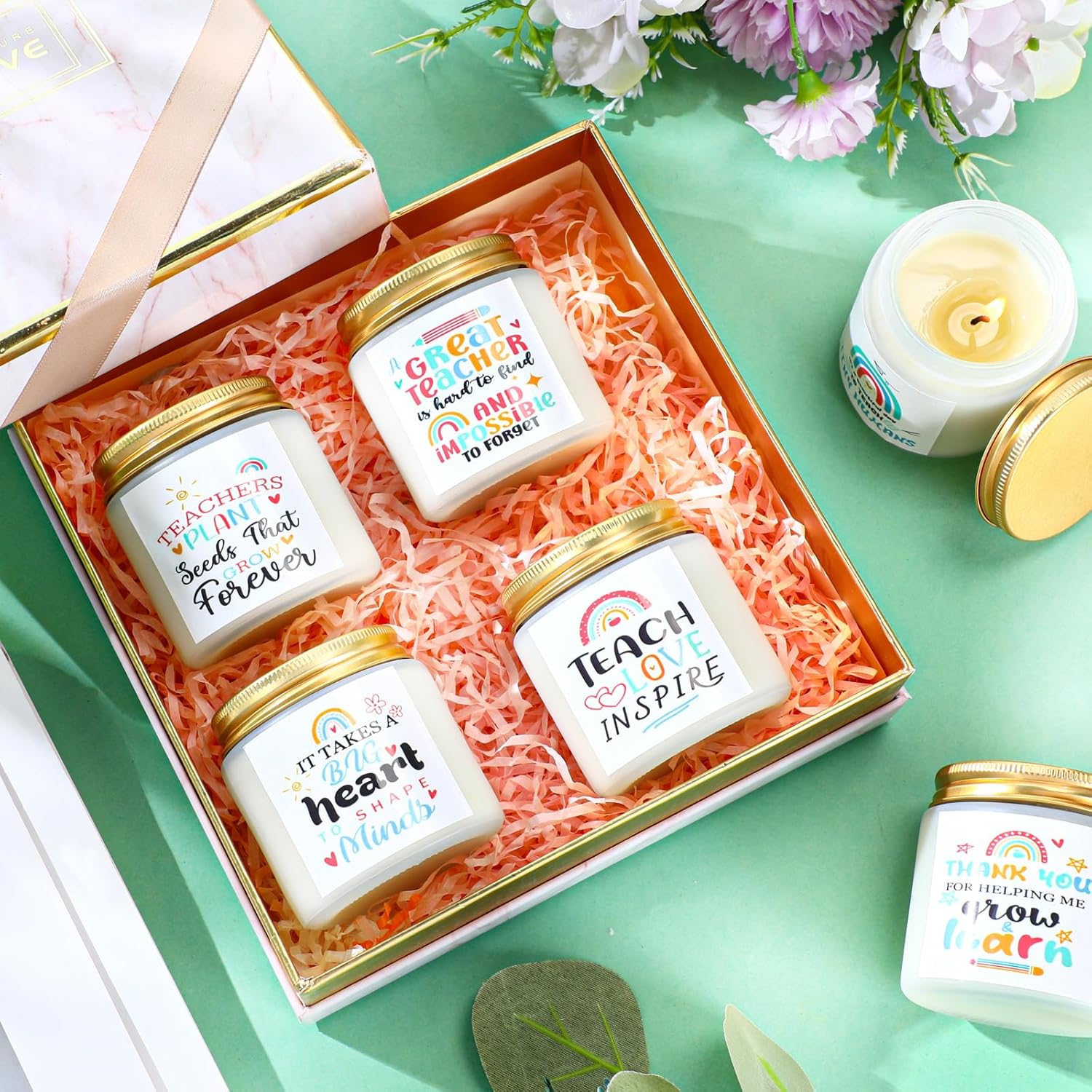 12 Pcs Teacher Appreciation Gift For Graduation End Of The Year, 3. 5Oz Scented Soy Wax Fragrance Thank You Candle Gift Aromatherapy Jar Inspirational Candle, 12 Style(Rainbow, White)