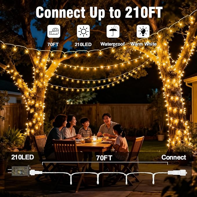 70FT Warm White LED String Lights Outdoor Waterproof Connectable Transparent Wire Christmas Tree Lights for Indoor Outdoor Holiday Party Decor