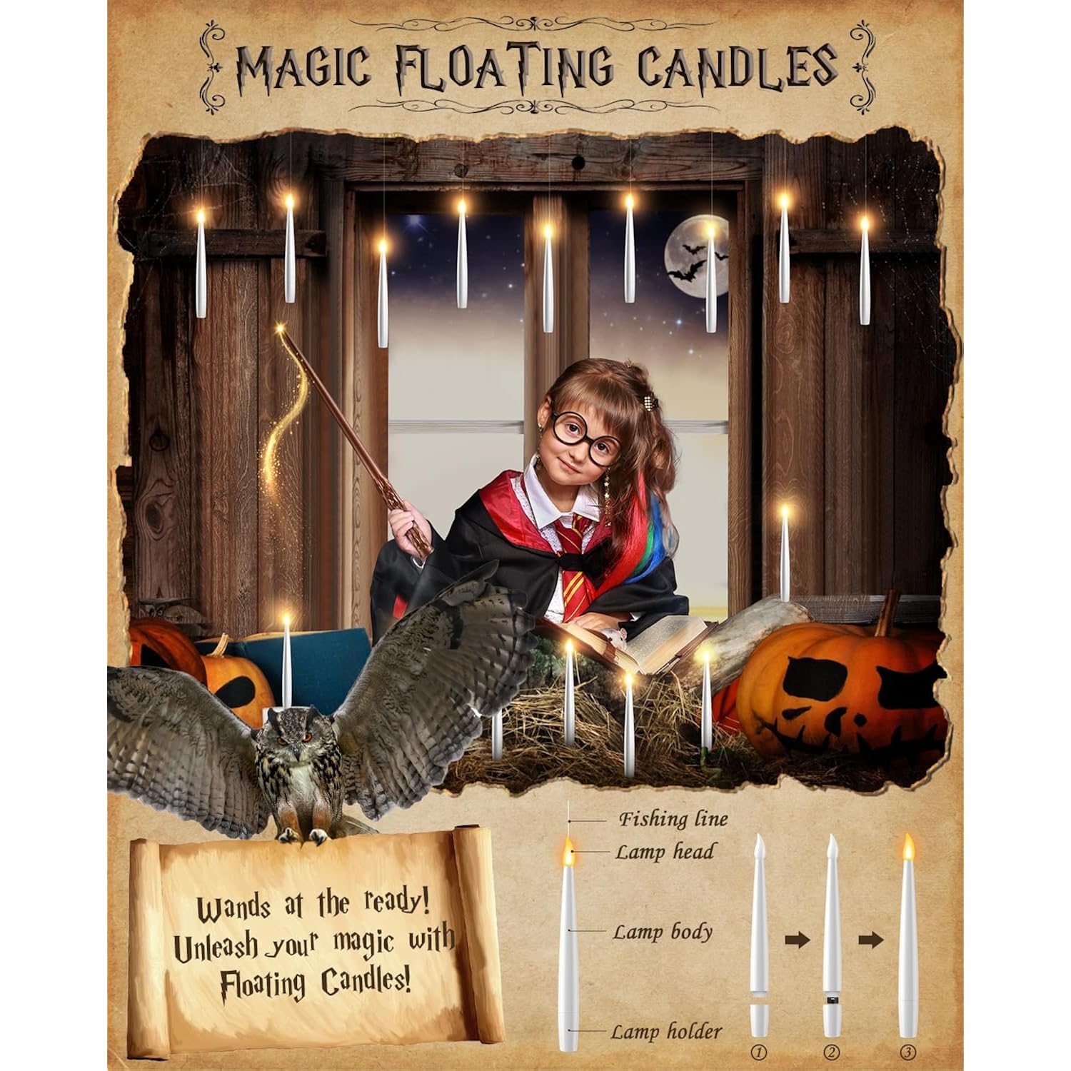 Christmas Floating Candles 18 Pcs - Magical Flameless Candles With Wand Flickering Warm Lights Ideal For Indoor Window Bedroom Christmas Cosplay Birthday Theme Party Decor