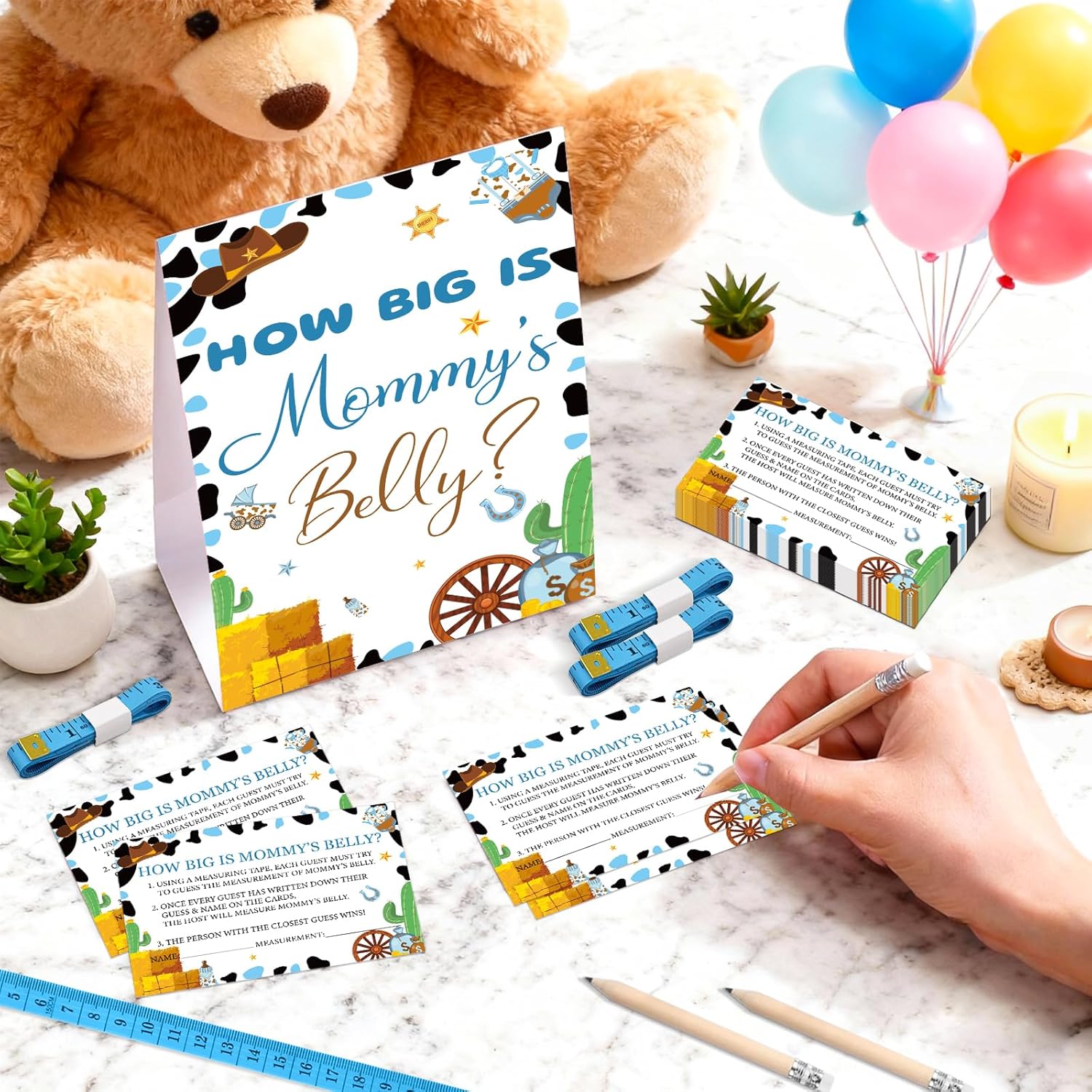 How Big Is Mommy’S Belly Baby Shower Game Set, 64 Pcs Cowboy Western Guessing Game With 50 Cards, 10 Mini Pencils, And 3 Measuring Tapes, Fun Baby Shower Activity For Boy Gender Reveal Or Rodeo Party