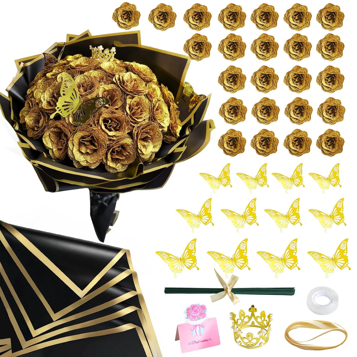 Diy Glitter Roses Bouquet Kit Gold- 24 Fake Shiny Flowers With Stems Butterfly Crown Eternal Floral For Graduation Handmade Wedding Bouquet Anniversary Birthday Gift, Mother'S Day Gifts For Her