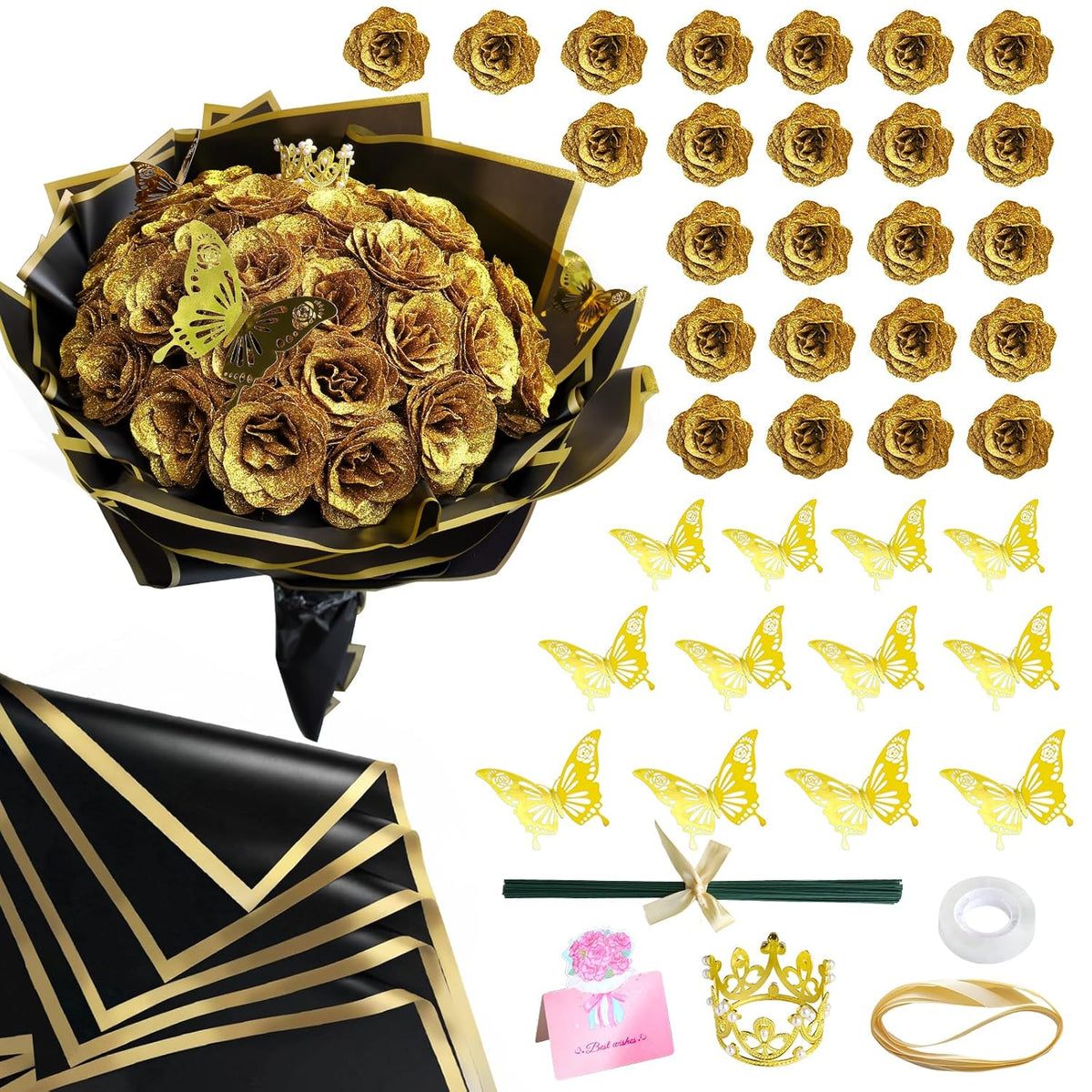 Diy Glitter Roses Bouquet Kit Gold- 24 Fake Shiny Flowers With Stems Butterfly Crown Eternal Floral For Graduation Handmade Wedding Bouquet Anniversary Birthday Gift, Mother'S Day Gifts For Her