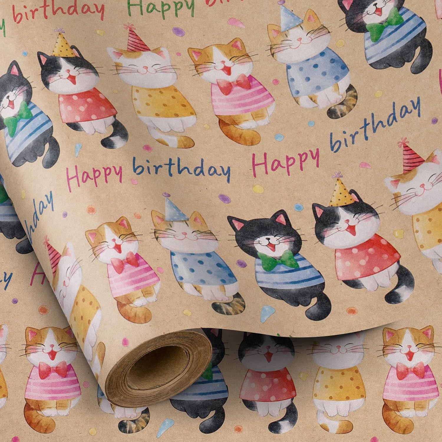 Birthday Wrapping Paper Roll For Boys Girls, Mini Roll, Adorable Cat Kitty Gift Wrap Paper, Colorful Happy Birthday Kraft Paper For Kids' Birthday, Cat Lovers Celebrations, 17 In X 16.4 Ft