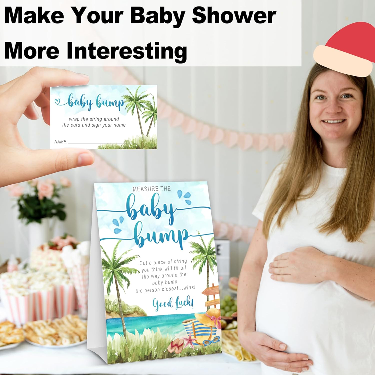 How Big Is Mommys Belly Game, Measure The Baby Bump Baby Shower Game, Summer Beach Baby Shower Party Decorations & Supplies, 1 Sign & 50 Guess Cards-A07