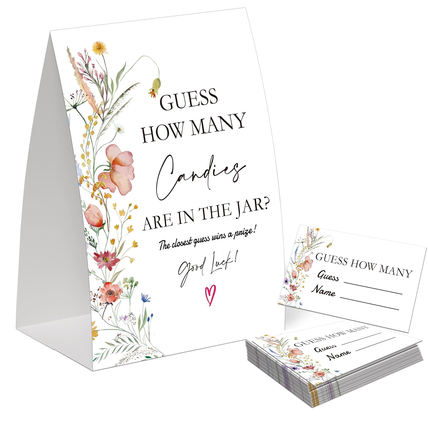 Boho Wildflower Guess How Many Candies Are In The Jar Game For Baby Shower, Pack Of One 5X7 Sign And 50 Guessing Cards, Boho Baby Shower Decoration, Gender Neutral Party Supplies - Gc02