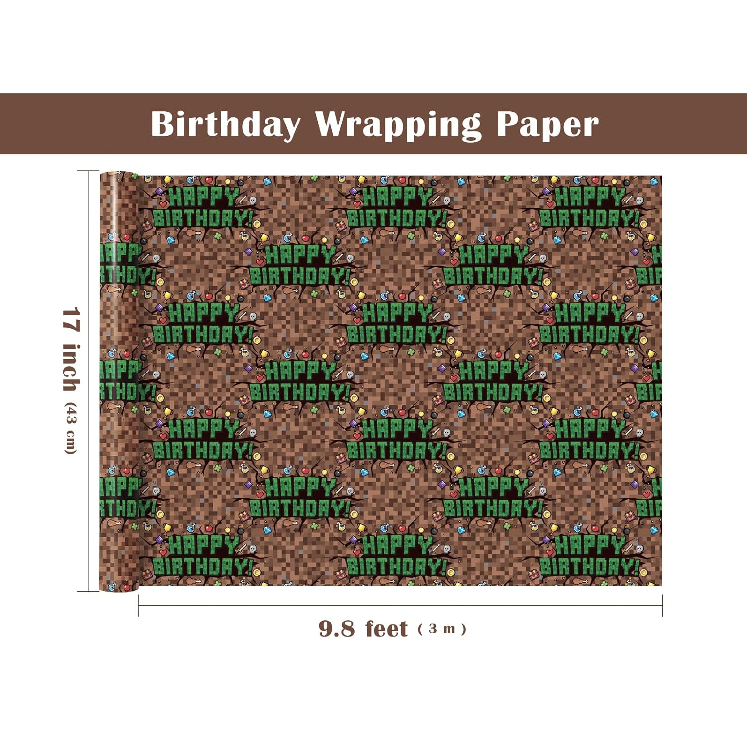 Birthday Wrapping Paper Roll - Mini Roll - 17 Inch X 9.8 Feet - Pixel Style Happy Birthday Video Game Wrapping Paper, Perfect For Boys, Game Lover, Baby Shower