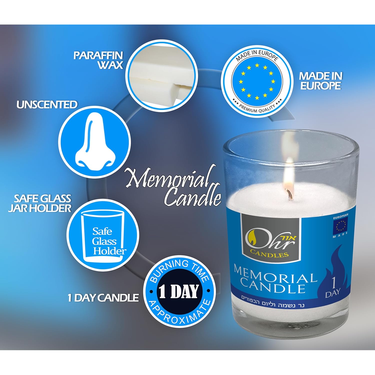 Ohr Yahrzeit Memorial Candles - 1 Day & 24 Hour Yom Kippur Jewish Candles In Glass Tumbler - 12 Pack