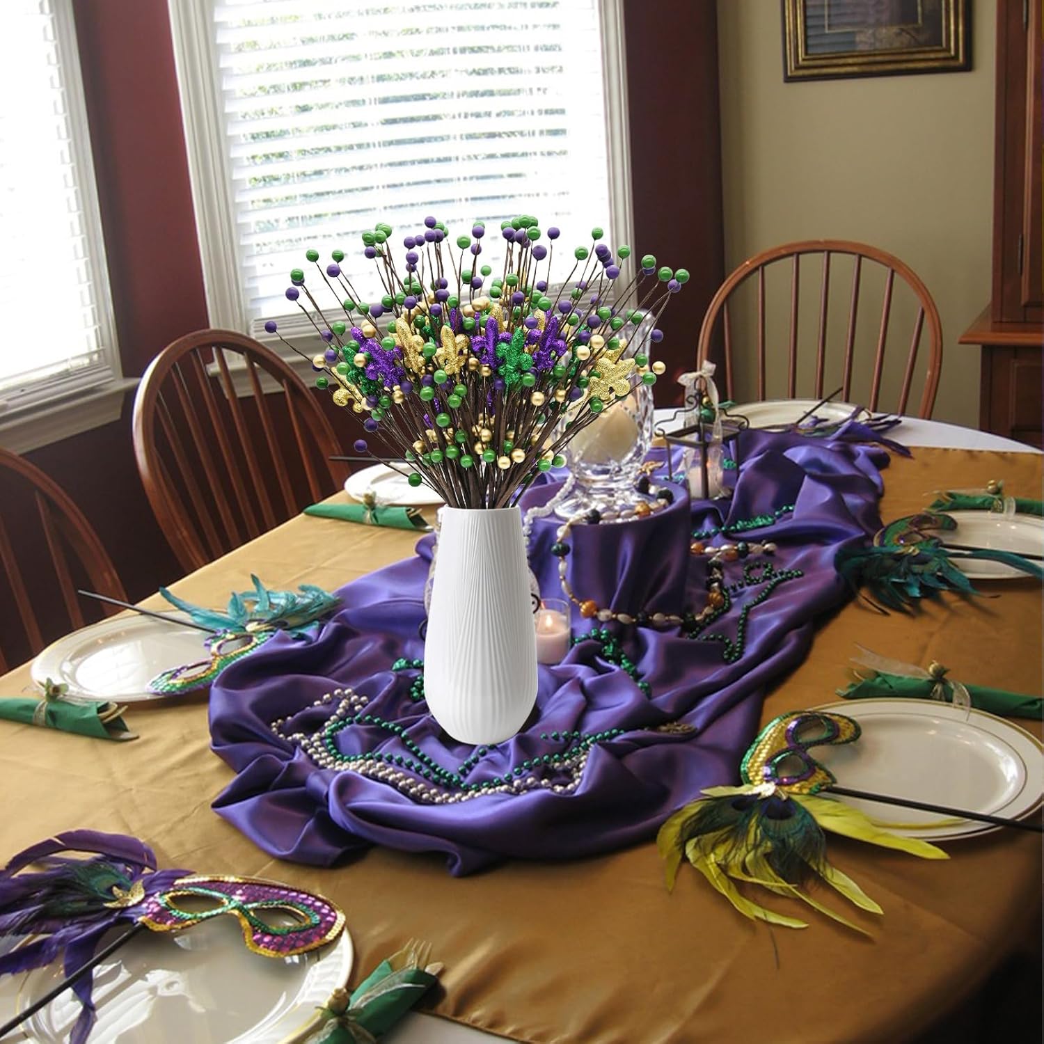 Mardi Gras Table Decor, 20 Pack Glitter Berry Stems Mardi Gras Decorations For Tree, Artificial Flowers Mardi Gras Picks For Wreath, Mardi Gras Tree Ornaments, Mardi Gras Gifts