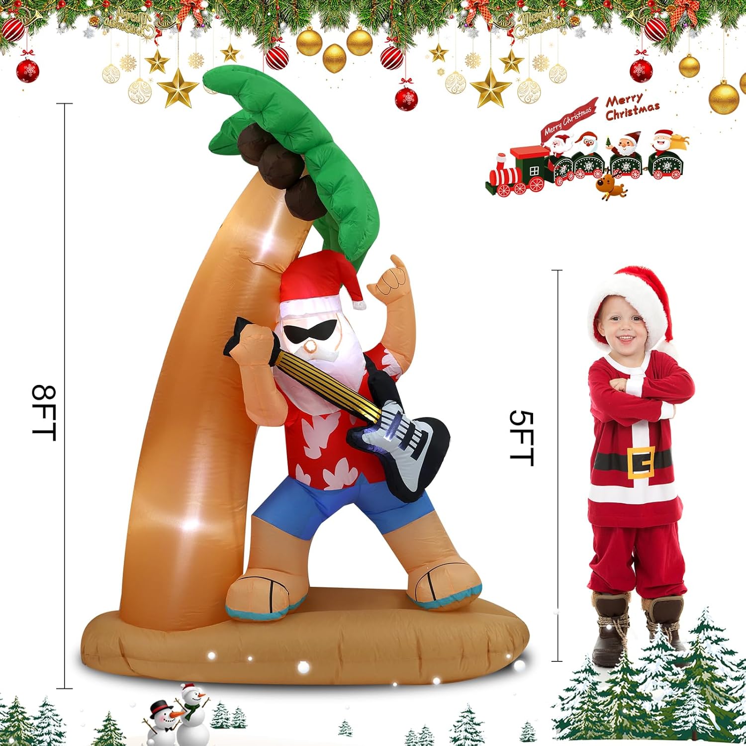 7Ft Santa Claus Playing Guitar Under Coconut Tree Christmas Inflatable Decoration With Led Lights, Suitable For Holiday