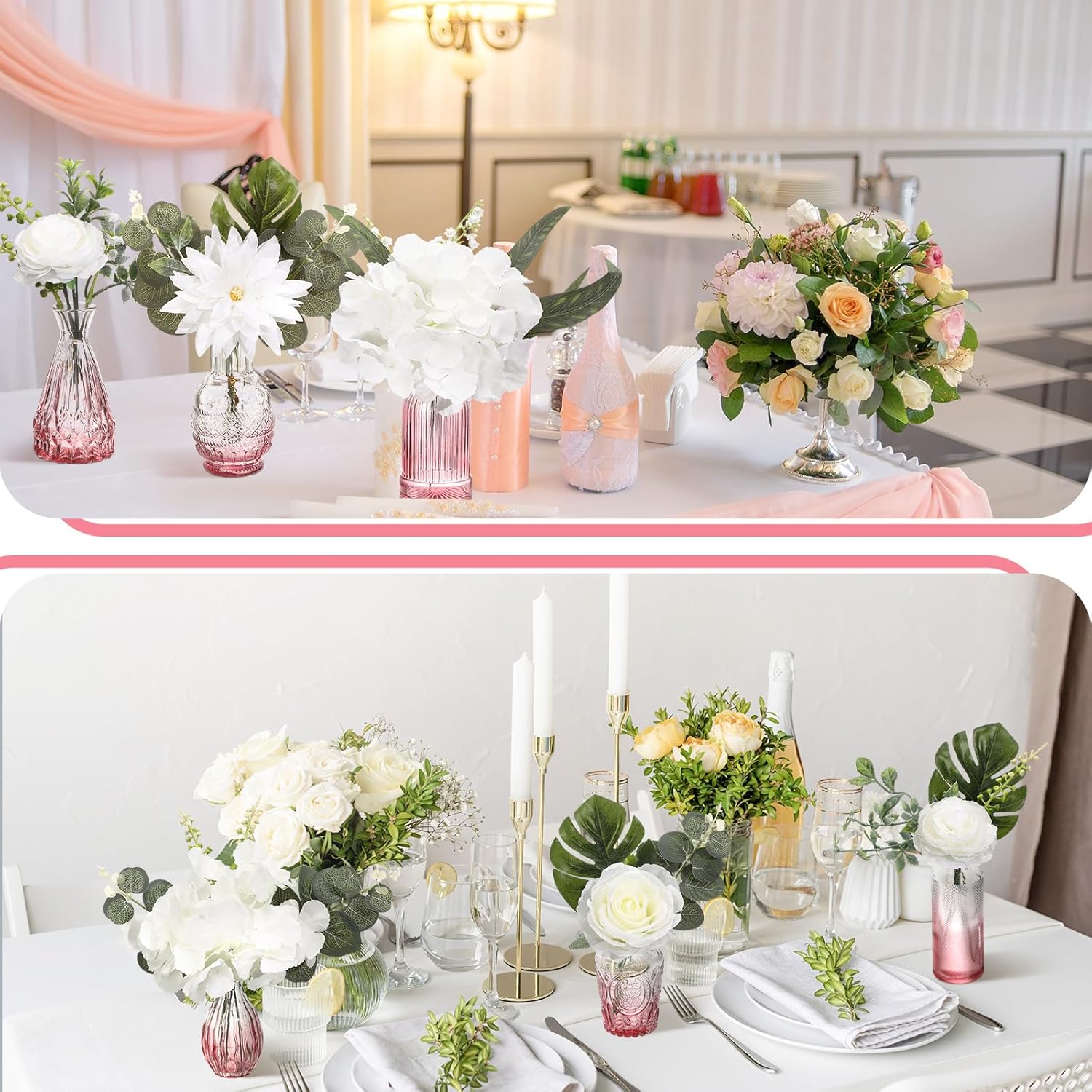 108 Pcs Artificial Flowers In Vase 96 Pcs Faux Greenery Stem Table Centerpiece Fake Plants Silk Roses Arrangement 12 Pcs Glass Vase Sets For Wedding Bathroom Home Dining Decor(White Pink)