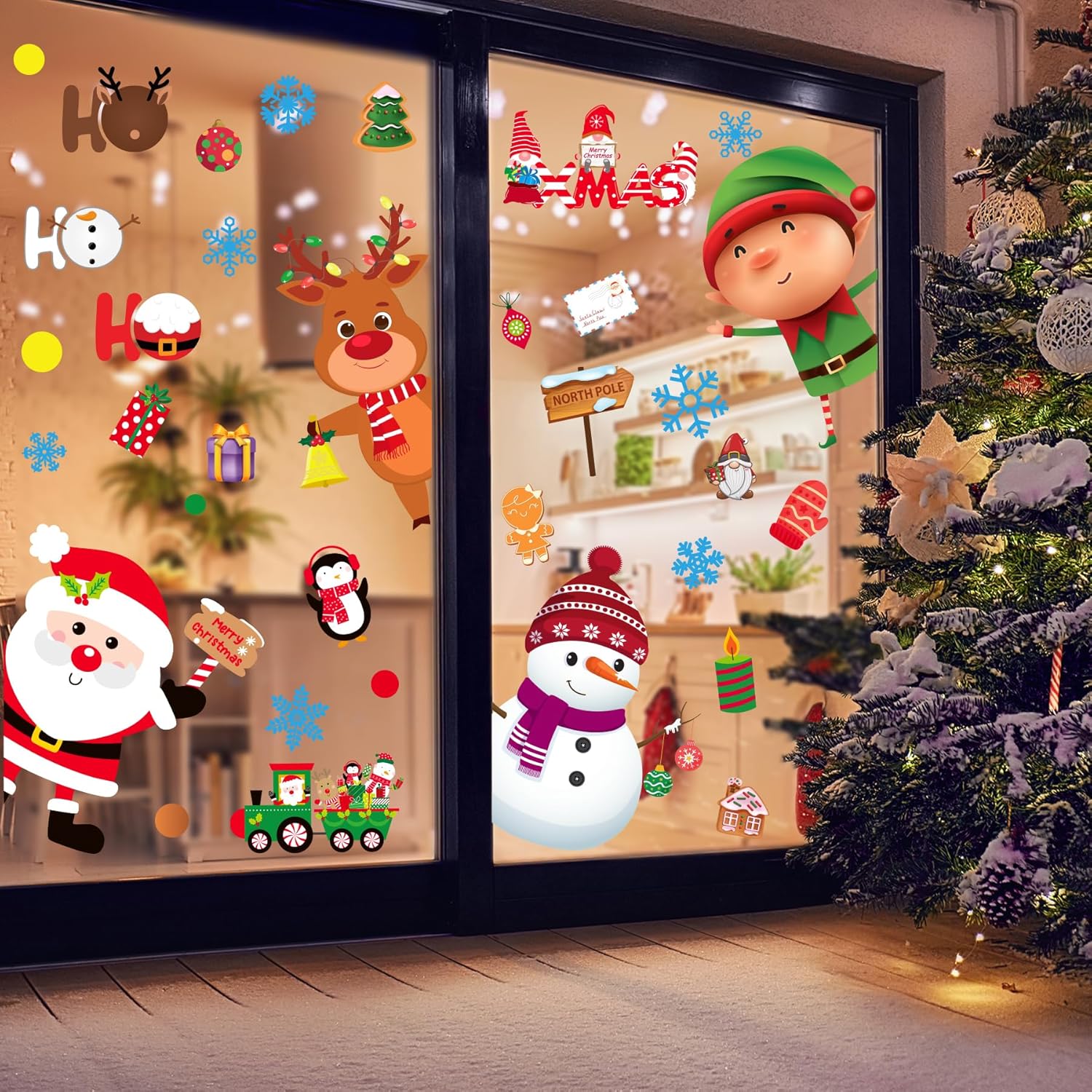 Christmas Door Wall Sticker Decal Removable Large Snowman Santa Reindeer Elf Door Decor Xmas Classroom School Office Bedroom Wall Decoration With Snowflake Merry Christmas Holiday Winter Decor