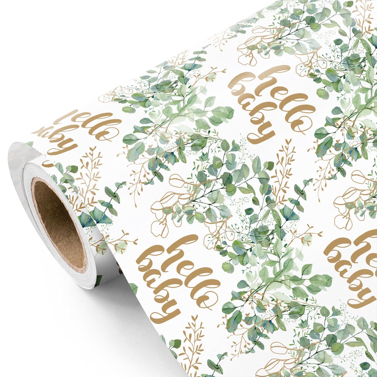 Neutral Baby Shower Wrapping Paper - Mini Roll - 17 Inch X 16.5 Feet - Hello Baby Eucalyptus Sage Green Wrapping Paper For Baby Shower, Baptism Gift Wrap, Kids Birthday