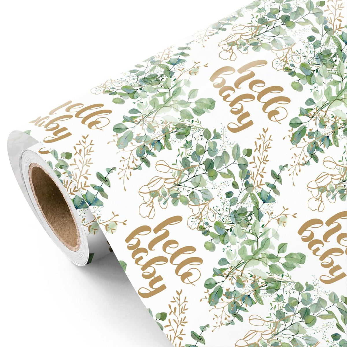 Neutral Baby Shower Wrapping Paper - Mini Roll - 17 Inch X 16.5 Feet - Hello Baby Eucalyptus Sage Green Wrapping Paper For Baby Shower, Baptism Gift Wrap, Kids Birthday