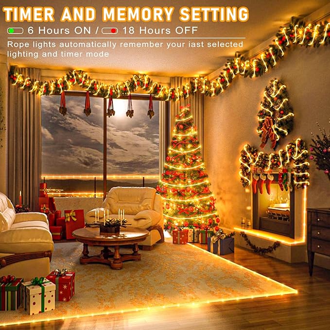 66FT Outdoor LED Rope Lights 200 LED Warm White Waterproof Plug In Flexible Tube Lights with 8 Modes
