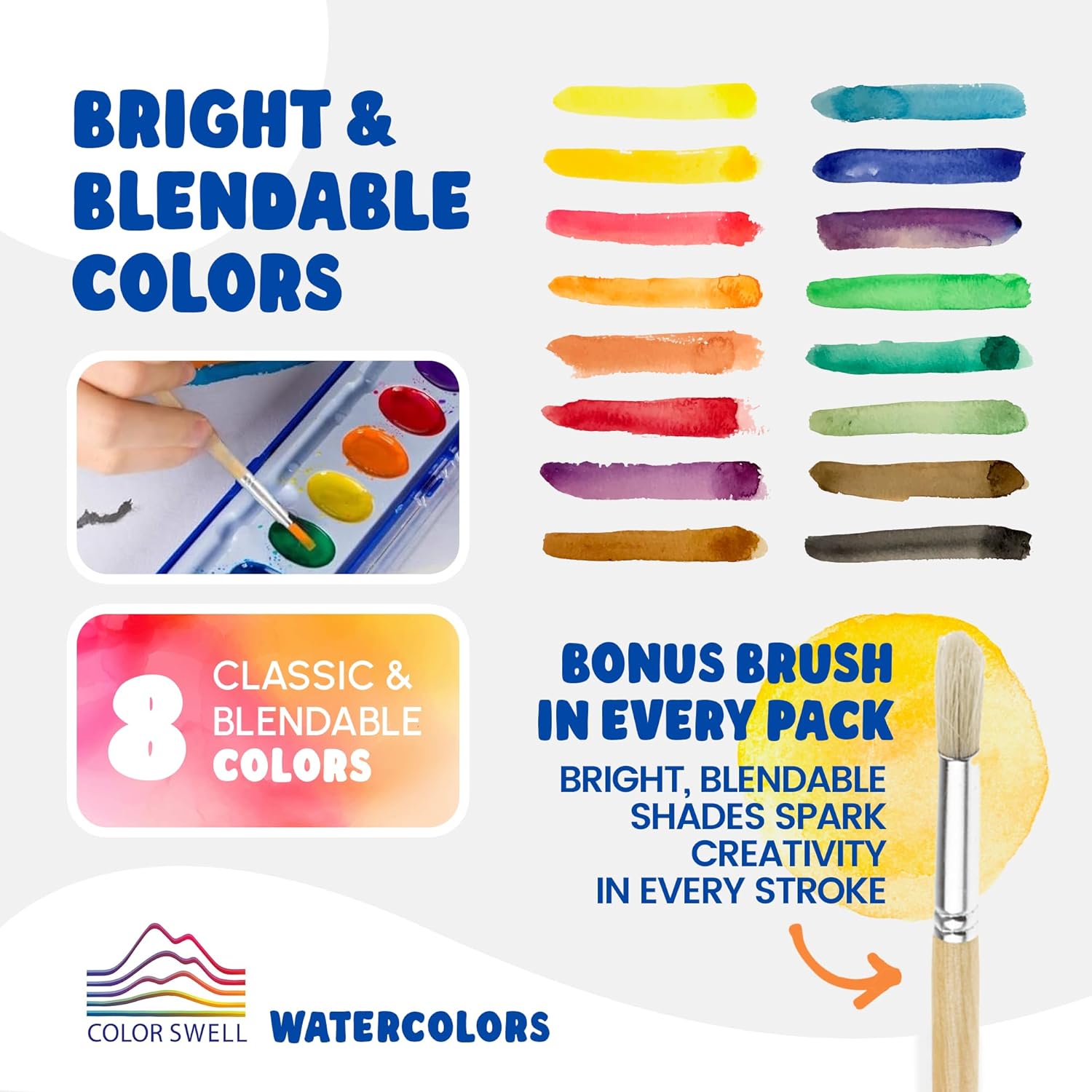 Washable Bulk Watercolors, 18 Pack, 8 Colors, Wood Brush, Classroom Bulk Pack - Bulk Watercolors