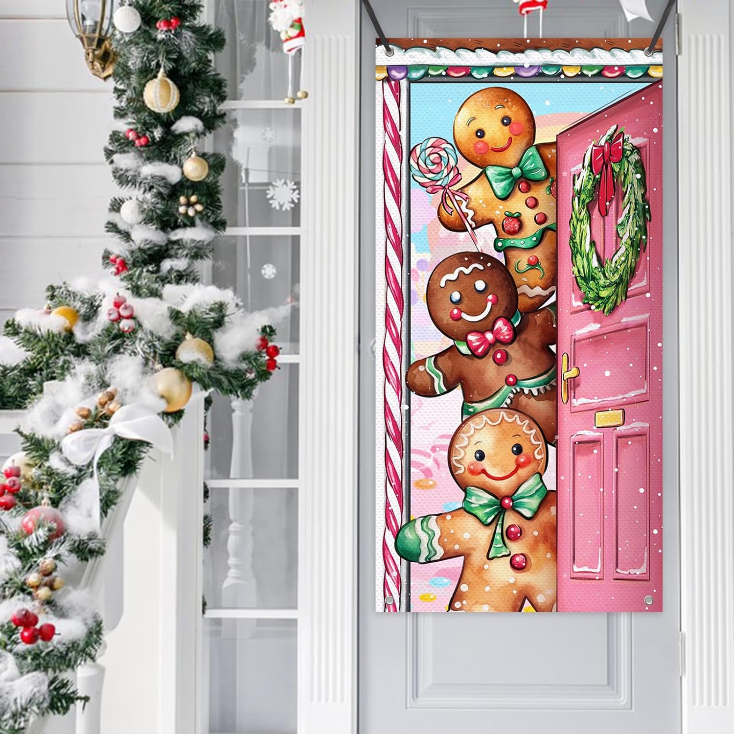 Christmas Gingerbread Man Door Cover Decorations, Pink Xmas Wreath Peppermint Candy Front Door Banner Background, Snowflake Winter Holiday Indoor Outdoor Home Decor 3 X 6 Ft