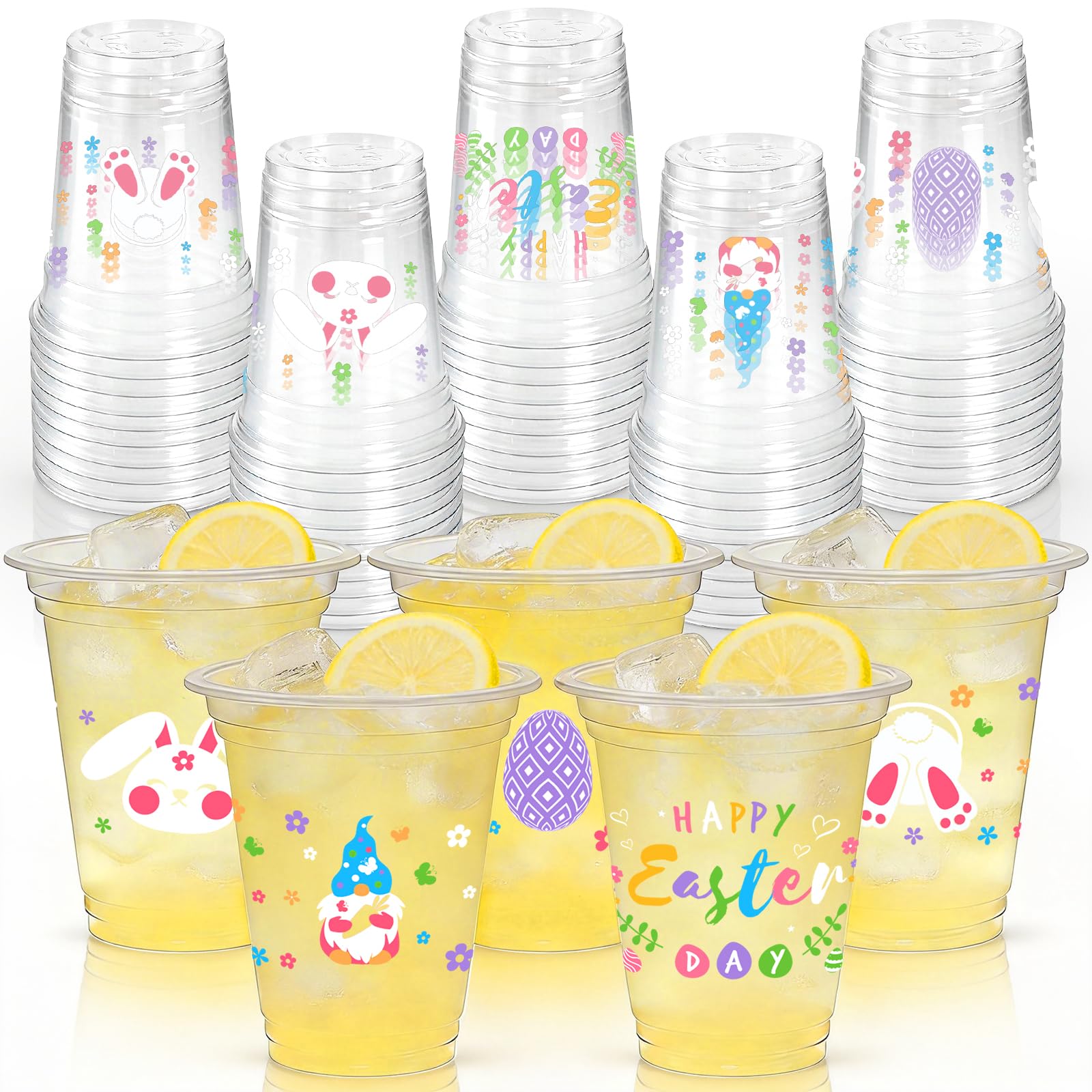 Easter Party Cups - 50pcs 12oz Easter Bunny Clear Plastic Disposable Cups Set for Kids Adults Drink Snacks Party Favors Supplies
