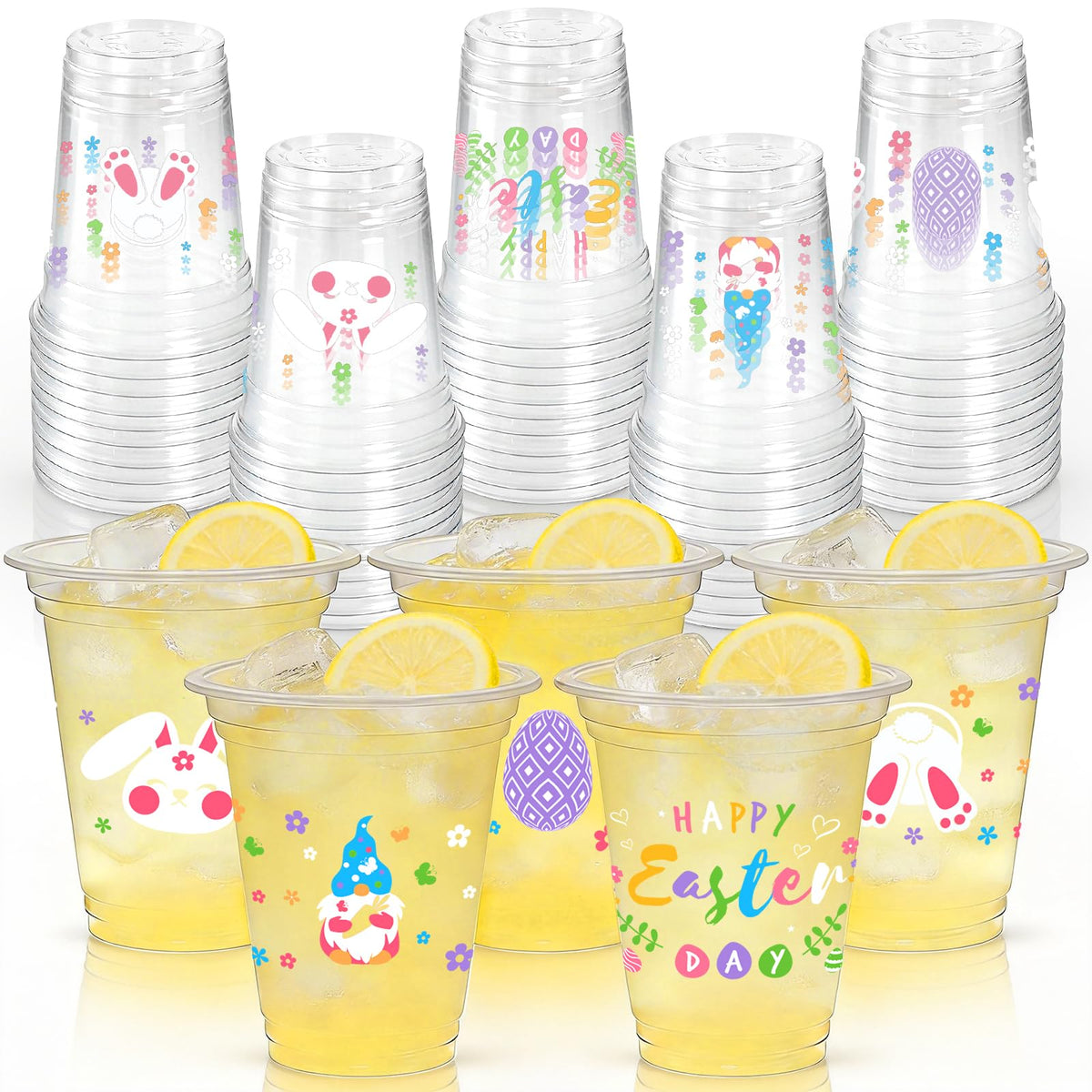 Easter Party Cups - 50pcs 12oz Easter Bunny Clear Plastic Disposable Cups Set for Kids Adults Drink Snacks Party Favors Supplies