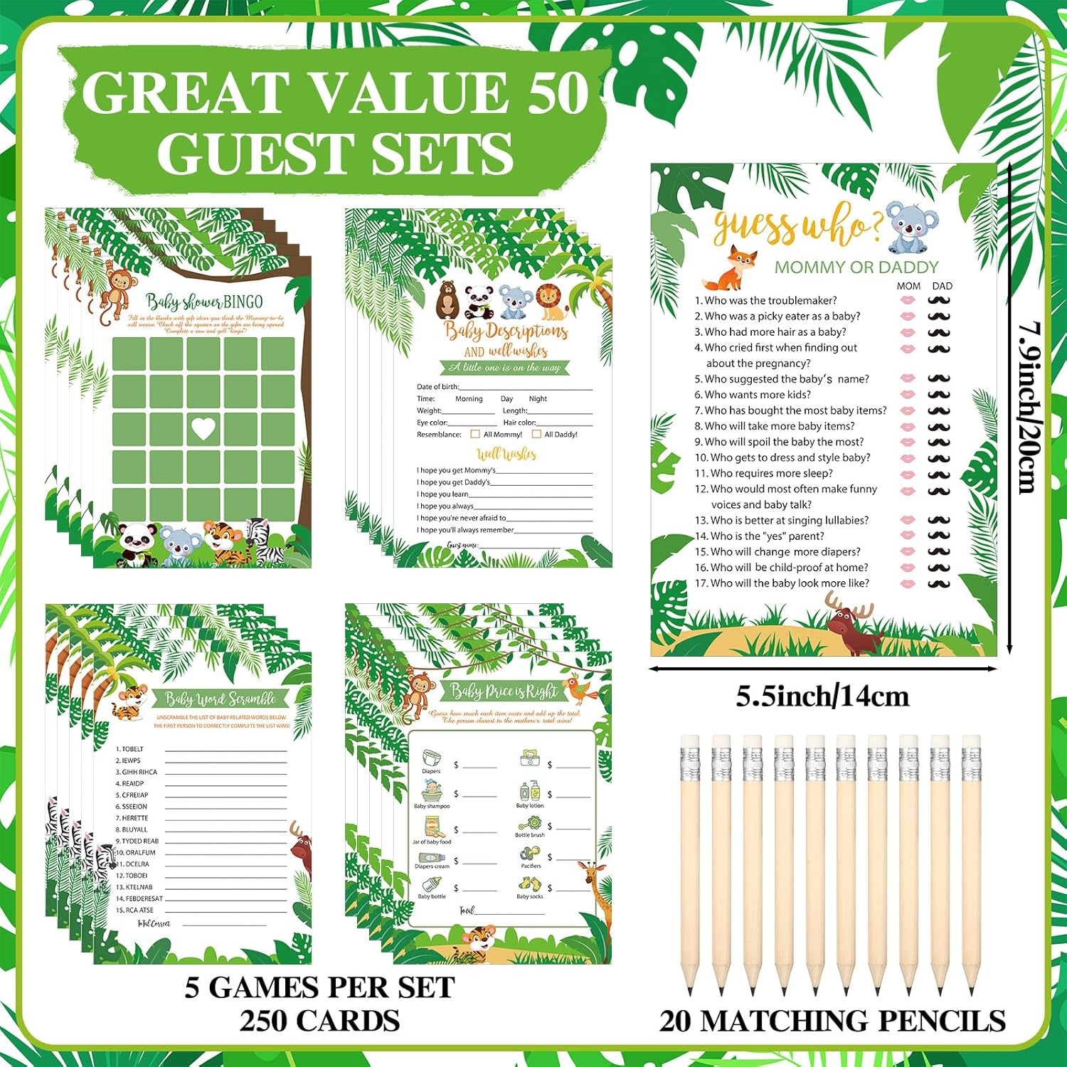 321 Pcs Safari Baby Shower Party Supplies, Jungle Themed Shower, 5 Sets (50 Cards Each) Activities Cards With 20 Pencils 1 Don'T Say Baby Sign 50 Clothespin