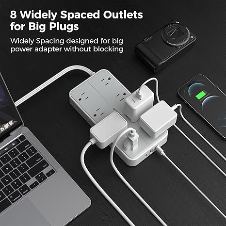 Surge Protector Power Strip with 8 Outlets 3 USB Ports 1 USB C 1080J Flat Plug Extension Cord