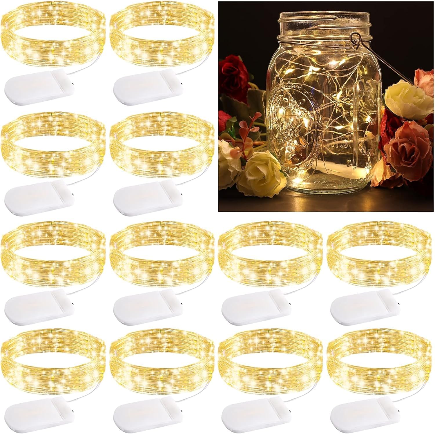 12 Pack Fairy Lights, 7Ft Copper Wire Firefly Starry Lights, 20Led Mini String Lights, Waterproof Fairy String Lights, M