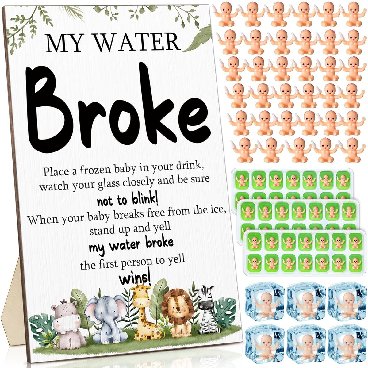 54 Pcs My Water Broke Baby Shower Game With 50 Tiny Plastic Small Mini Ice Baby 3 Ice Cube Trays 1 Display Board Gender Reveal Wooden Sign Gift For Guest Party Decoration(Woodland Animal)