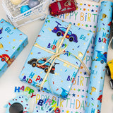 Blue Race Car Wrapping Paper Boys, Birthday Wrapping Paper Rolls With Colorful Happy Birthday Text Design For Kids Baby Shower Party - 17 In X 16.4 Ft(23.3 Sqft)