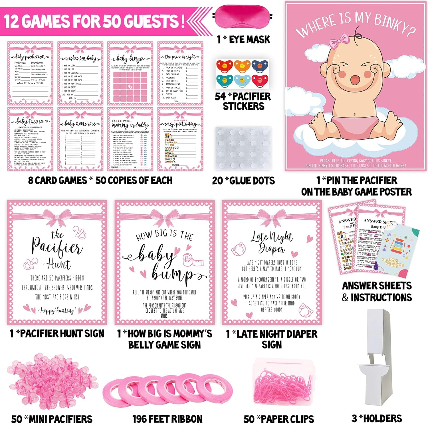 Baby Shower Games For Girl, 12 Baby Shower Games For 50 Guests, Coed Pink Girl Sprinkle Party Prize Gifts Fun Idea Kit Set Bundle