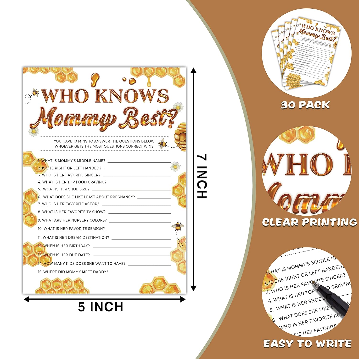 Baby Shower Game Set - Who Knows Mommy Best Game Card For Gender Reveal Party - Bumble Bee Baby Shower Games & Activities - Honey Honeycomb Party Decor For Friends - 30 Game Cards(F20)