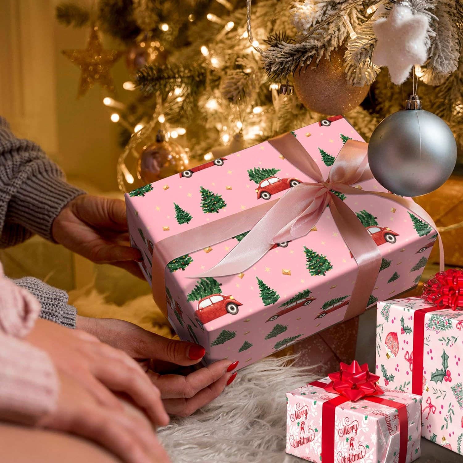 Giolainy Red Car Christmas Wrapping Paper For Kids Men Women - Pink Holiday Gift Wrap With Christmas Trees & Red Car - 4 Sheets (28 X 40 Inches), Easy To Store
