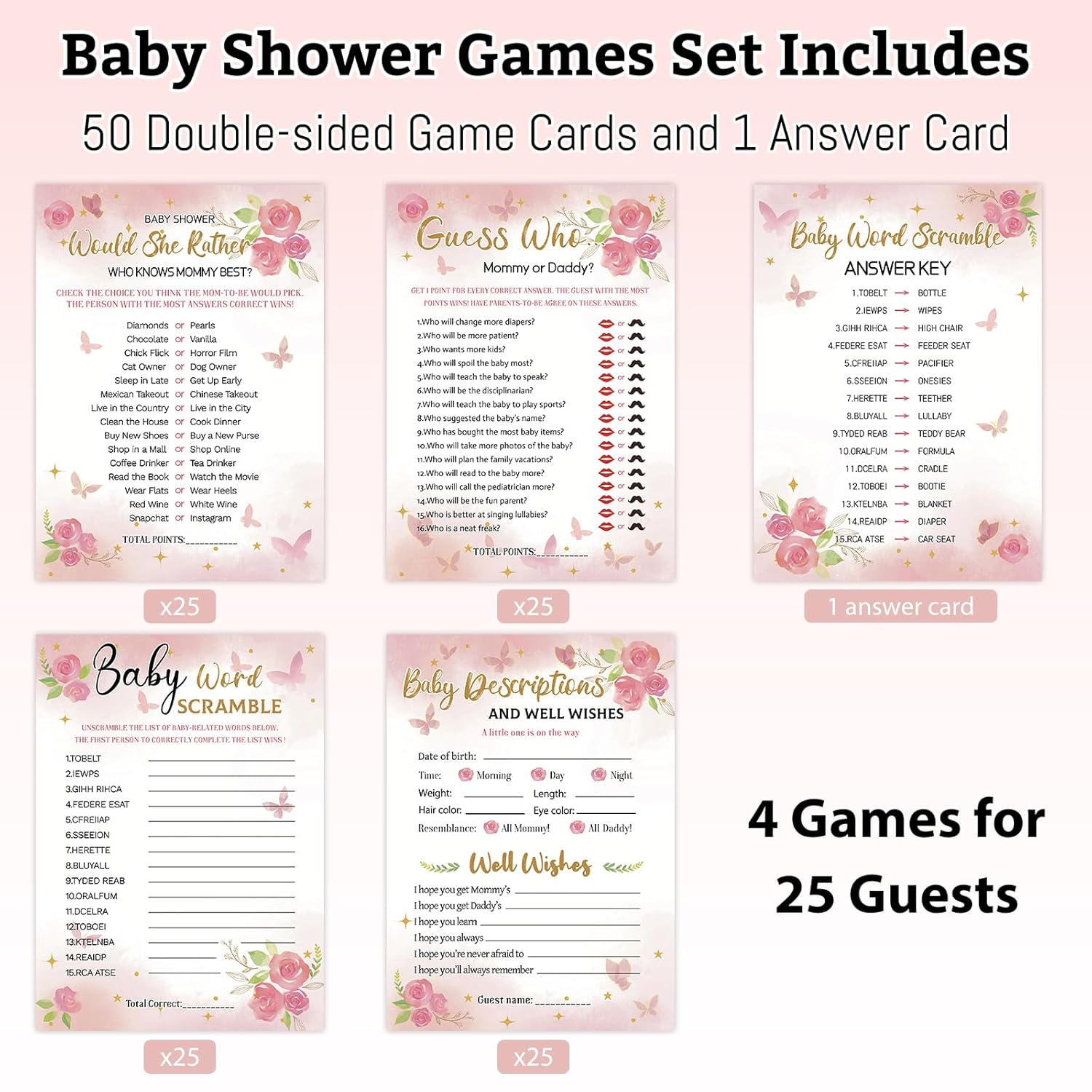 Baby Shower Games For Girl, 4 Fun Games For 25 Guests, Pink Floral Baby Shower Decorations, Who Knows Mommy Best, Guess Who Mommy Or Daddy, Word Scramble, Babies Descriptions & Well Wishes