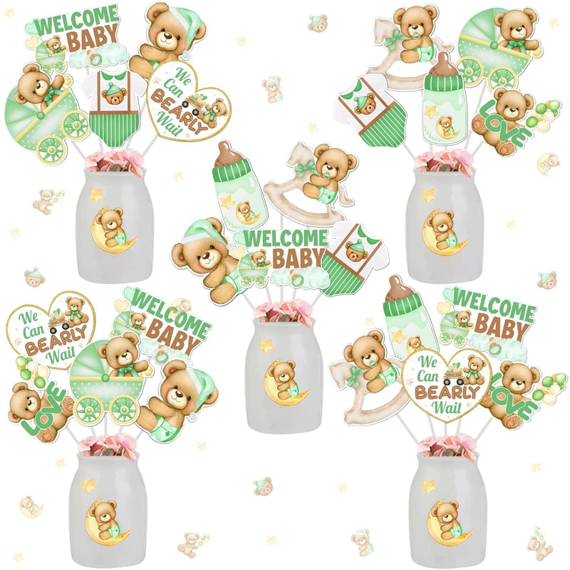 24 Pcs Bear Baby Shower Centerpiece Sticks Sage Green - We Can Bearly