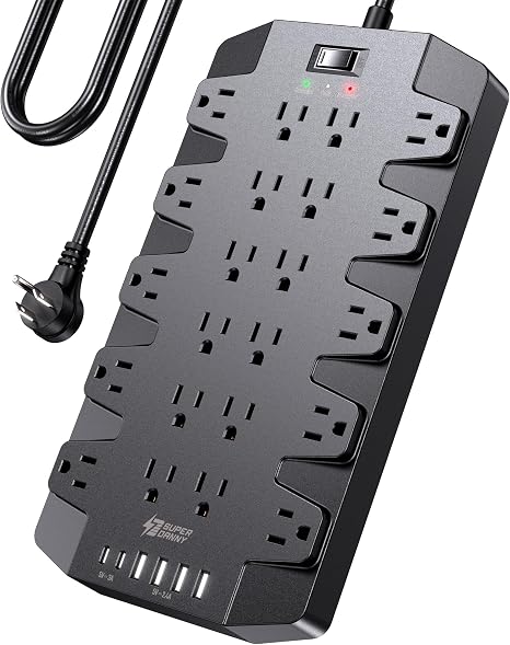 Surge Protector Power Strip 22 Outlets 6 USB Ports 2 USB C 2100J 6.5FT Extension Cord Black