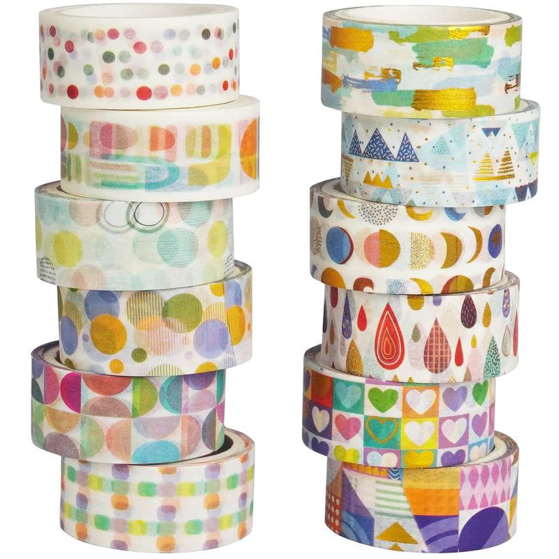 Cute Washi Tape Set 12 Rolls Gold Foil Masking Cartoon Drawing Decorative Tape