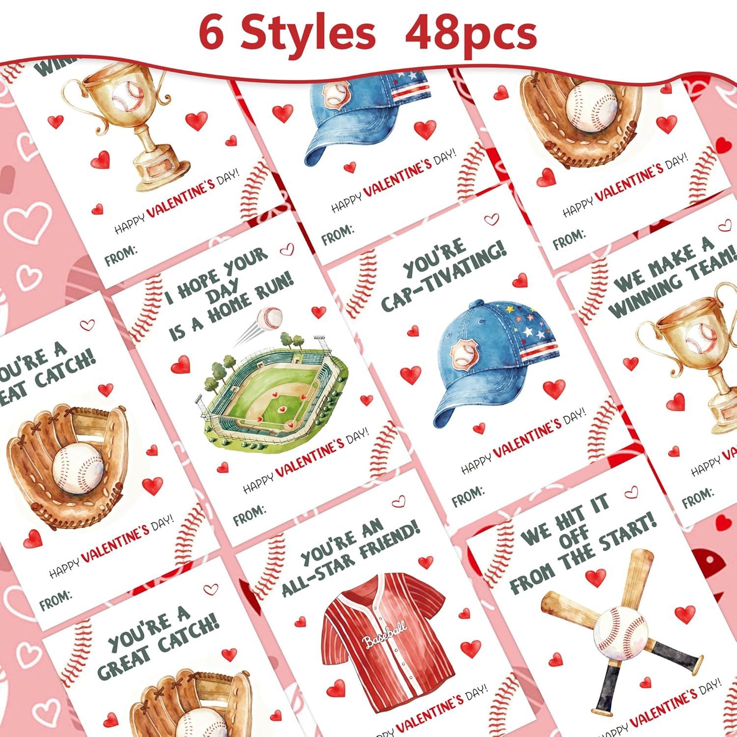 48 Pcs Baseball Valentines Gifts For Kids, Baseball Valentines Day Cards With Envelope For Class Exchange, School Valentine Day Greeting Card Bulk For Sports Party Prizes Favor Supplies