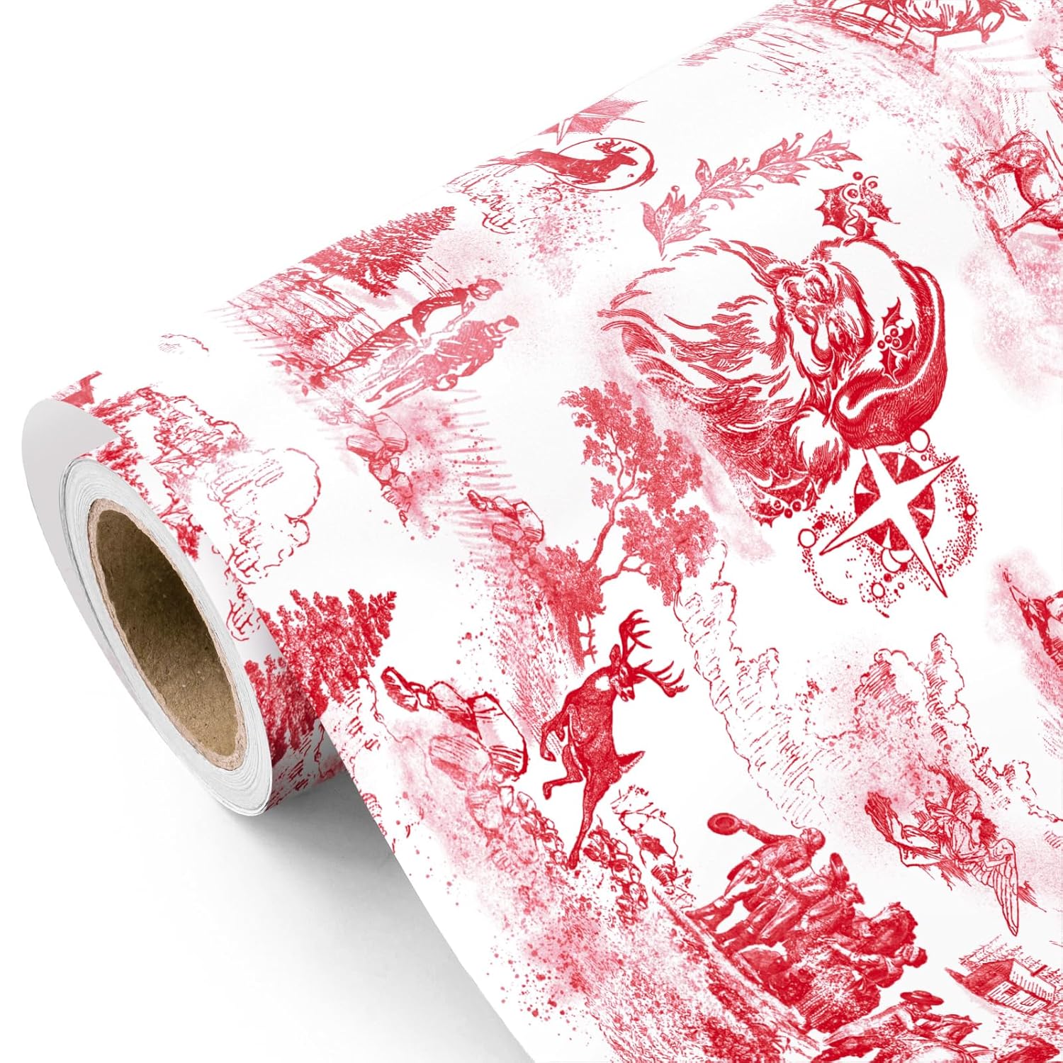 Toile Vintage Christmas Wrapping Paper - Mini Roll - 17 Inch X 16.5 Feet - Santa Toile De Jouy Red Christmas Wrapping Paper For Xmas Holiday, Party Celebration