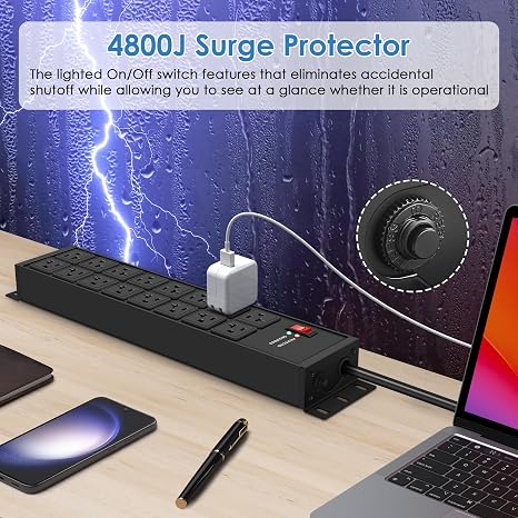 Heavy Duty 20A Power Strip 16 Outlets 4800J Surge Protector 6FT 12AWG