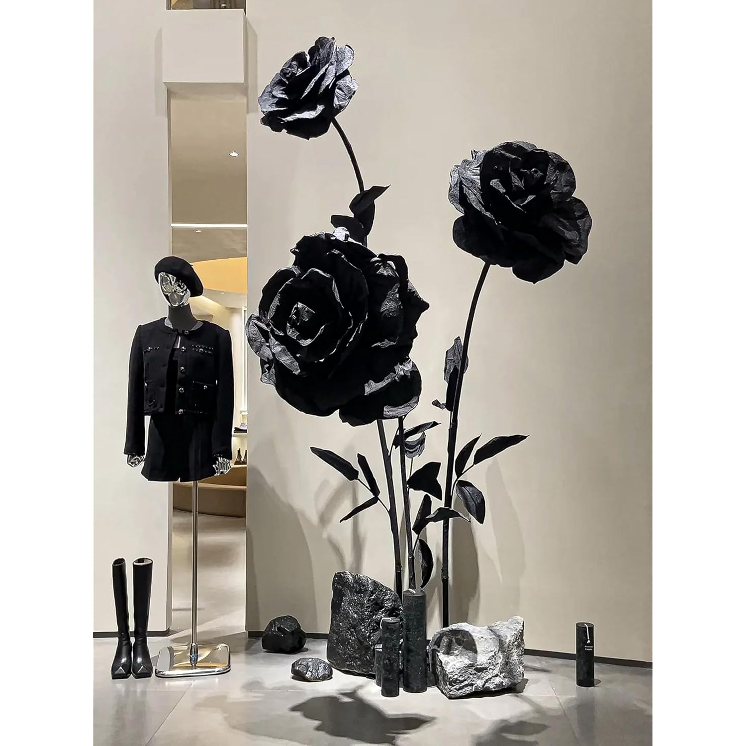 2Pcs Artificial Giant Flowers For Decoration,5Ft Black Large Flower Wall Backsrop,Paper Flower For Wedding,Garden Party,Home Decor,Mall Shop Display