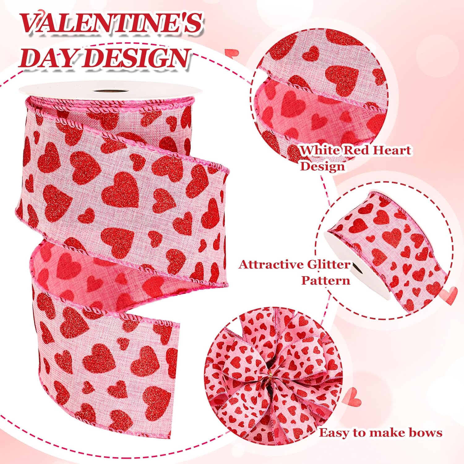 Valentine'S Day Wired Edge Ribbons Craft Ribbon Pink Red Glitter Heart Fabric Wrapping Ribbon For Bow Wreath Party Home Decor, 2.5 In, 10 Yards