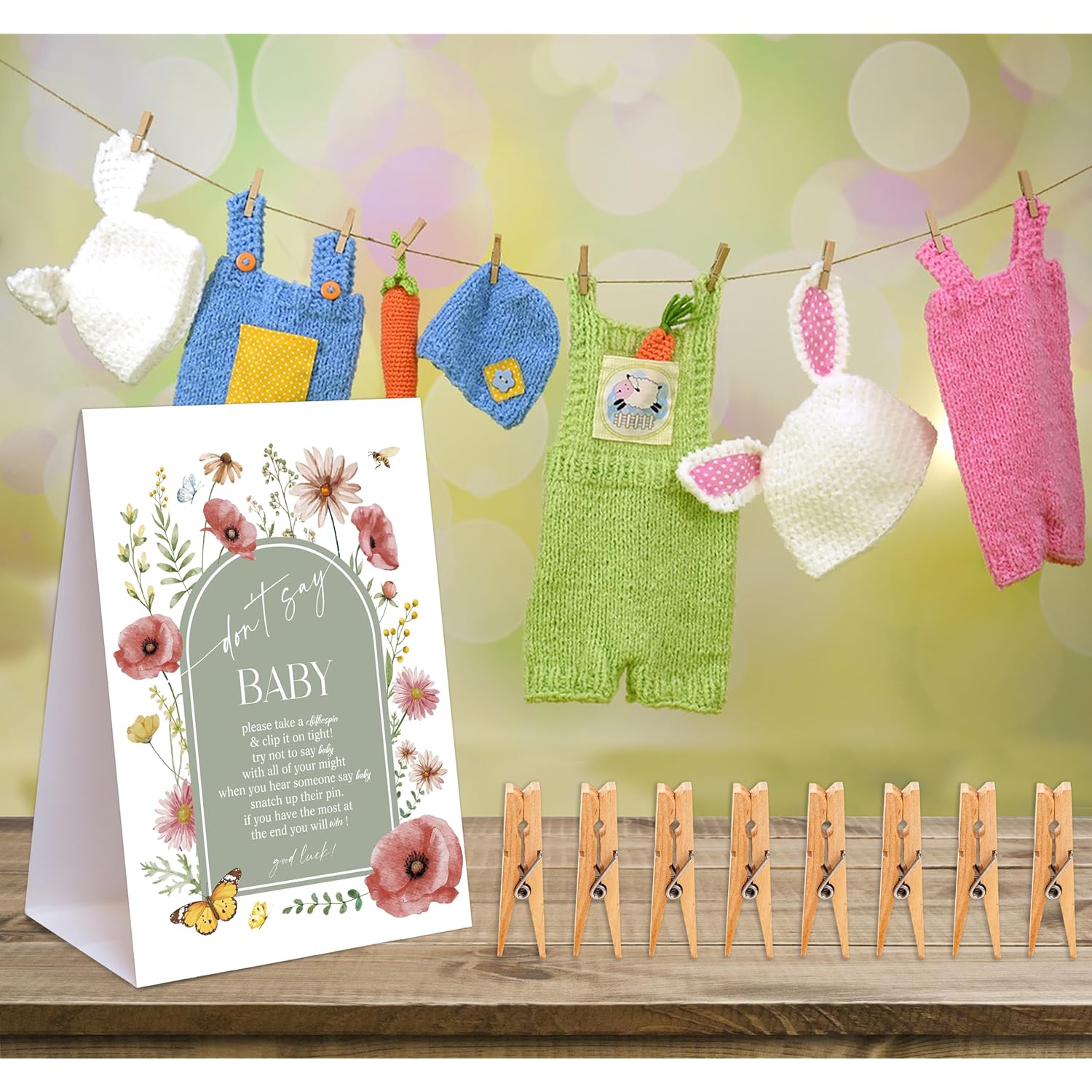 Boho Floral Themed Baby Shower Games, Dont Say Baby Game, Pack Of 1 Sign And 50 Mini Wooden Clothespins, Sage Green Butterfly Baby Shower Decorations, Gender Reveal Party Supplies