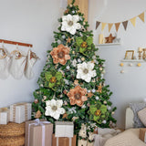 15 Pcs Christmas Magnolia Flowers Tree Ornaments Velvet Poinsettia Burgundy Artificial Light Brown Dark Green Beige Glitter Floral Picks Stems For Tree Xmas Centerpiece Decoration Wedding