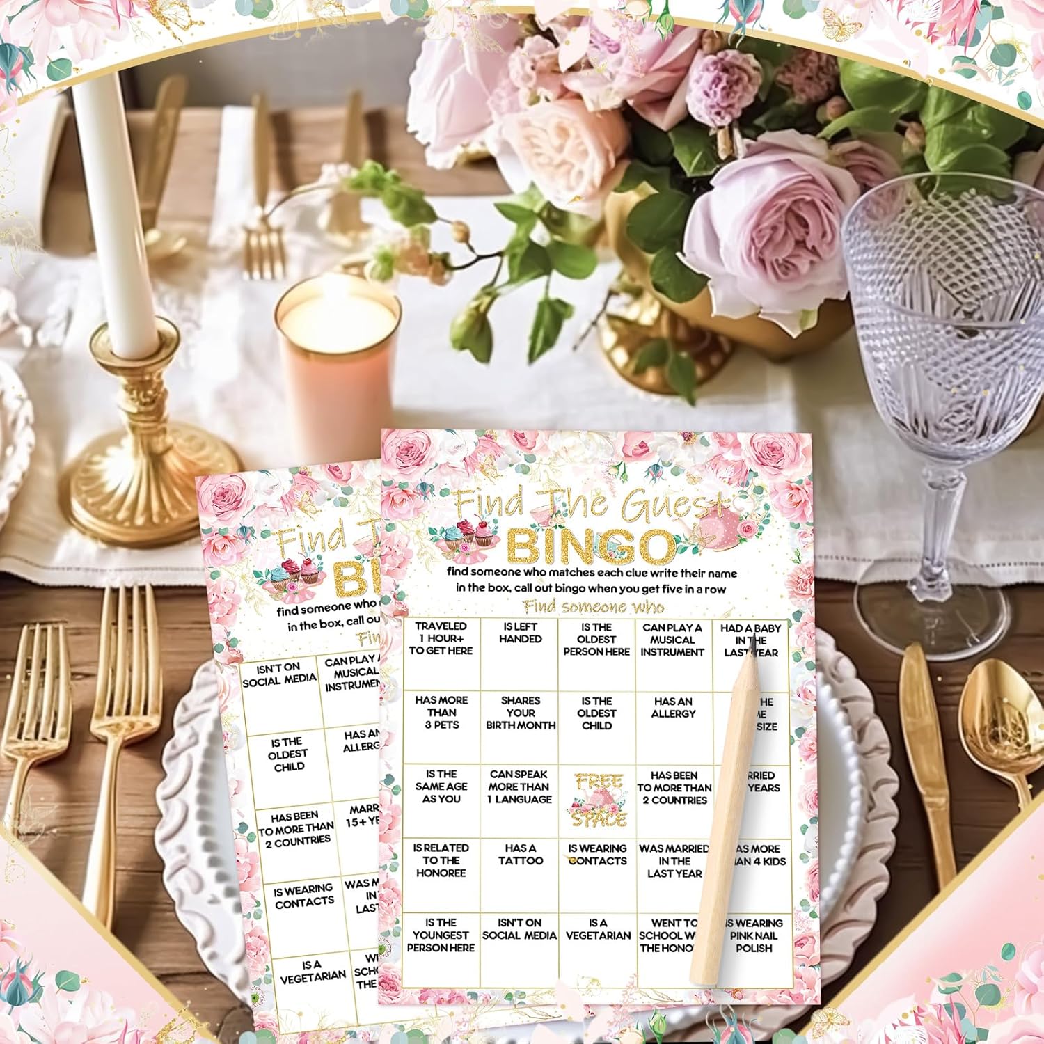 50 Pcs Find The Guest Game Bingo Cards With 20 Pcs Pencils Bridal Shower Wedding Bingo Game Pink Flower Tea Party Activity Favor Supply For Engagement Birthday Baby Shower Bachelorette, 5"X7"