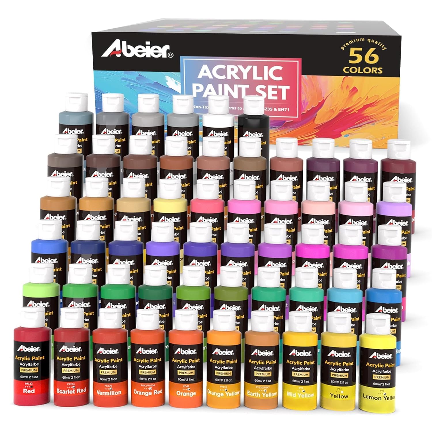 Acrylic Paint Set, 56 Colors (2Oz/60Ml), Matte Finish, Waterproof, Rich Pigments, Non-Toxic Paints For Painting On Canvas Crafts Wood Ceramic, Fabric Ideal For Beginners And Students