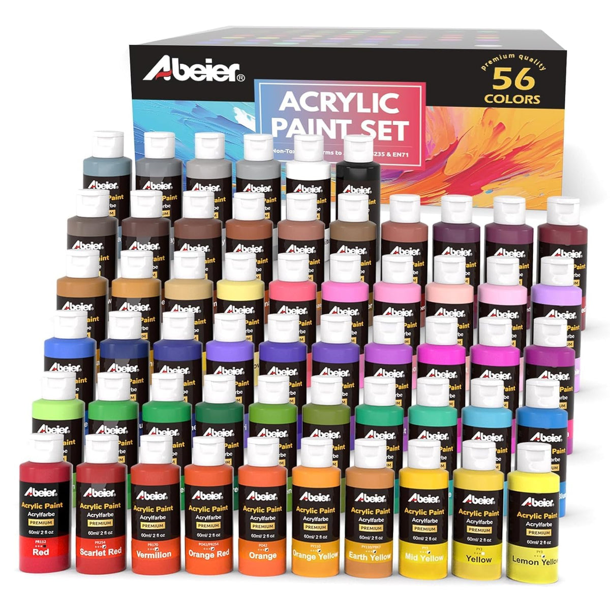 Acrylic Paint Set, 56 Colors (2Oz/60Ml), Matte Finish, Waterproof, Rich Pigments, Non-Toxic Paints For Painting On Canvas Crafts Wood Ceramic, Fabric Ideal For Beginners And Students