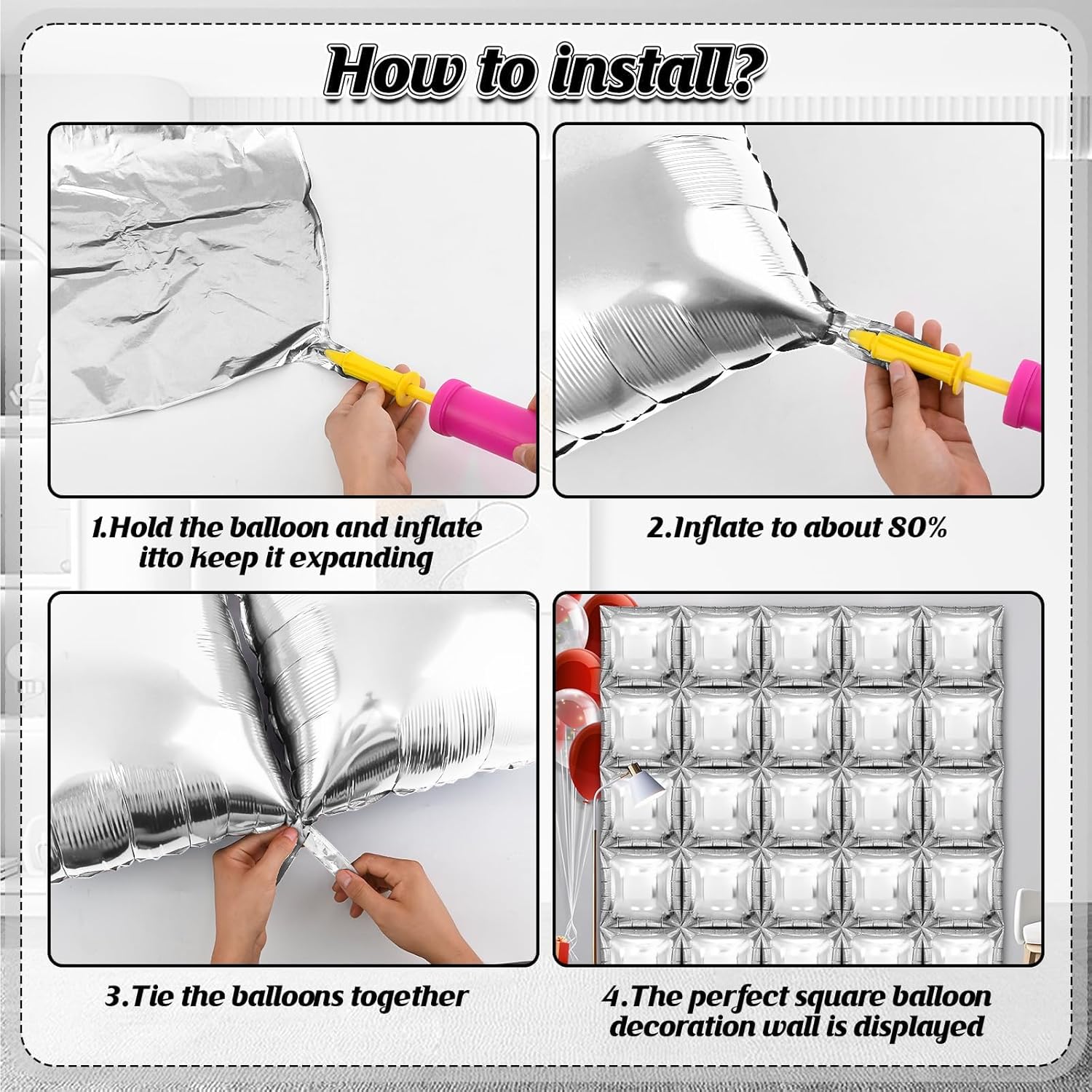 25 Pcs 19Inches Silver Square Foil Balloons Wall | Double Sided Cube Balloons Tunnel Arch Kit - Ideal For Birthday, Wedding, Anniversary Background Decorations(Silver)