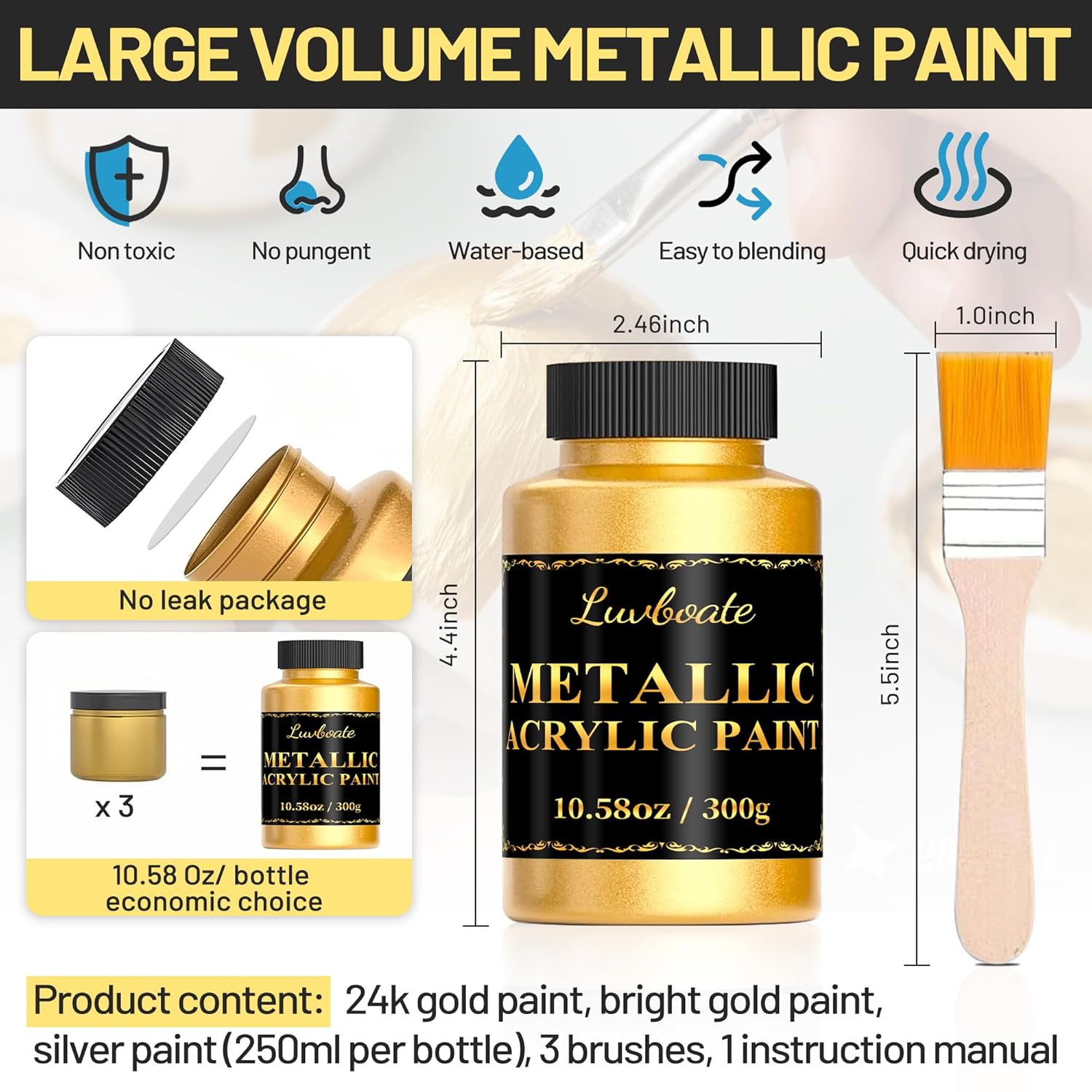Acrylic Metallic Paint, 3 Colors 24K Gold & Bright Gold & Silver 31.75Oz(900G), Non-Toxic Golden Paint, Non Fading Metal Paint For Art Painting On Fabric, Canvas, Wood, Clay, Crafts