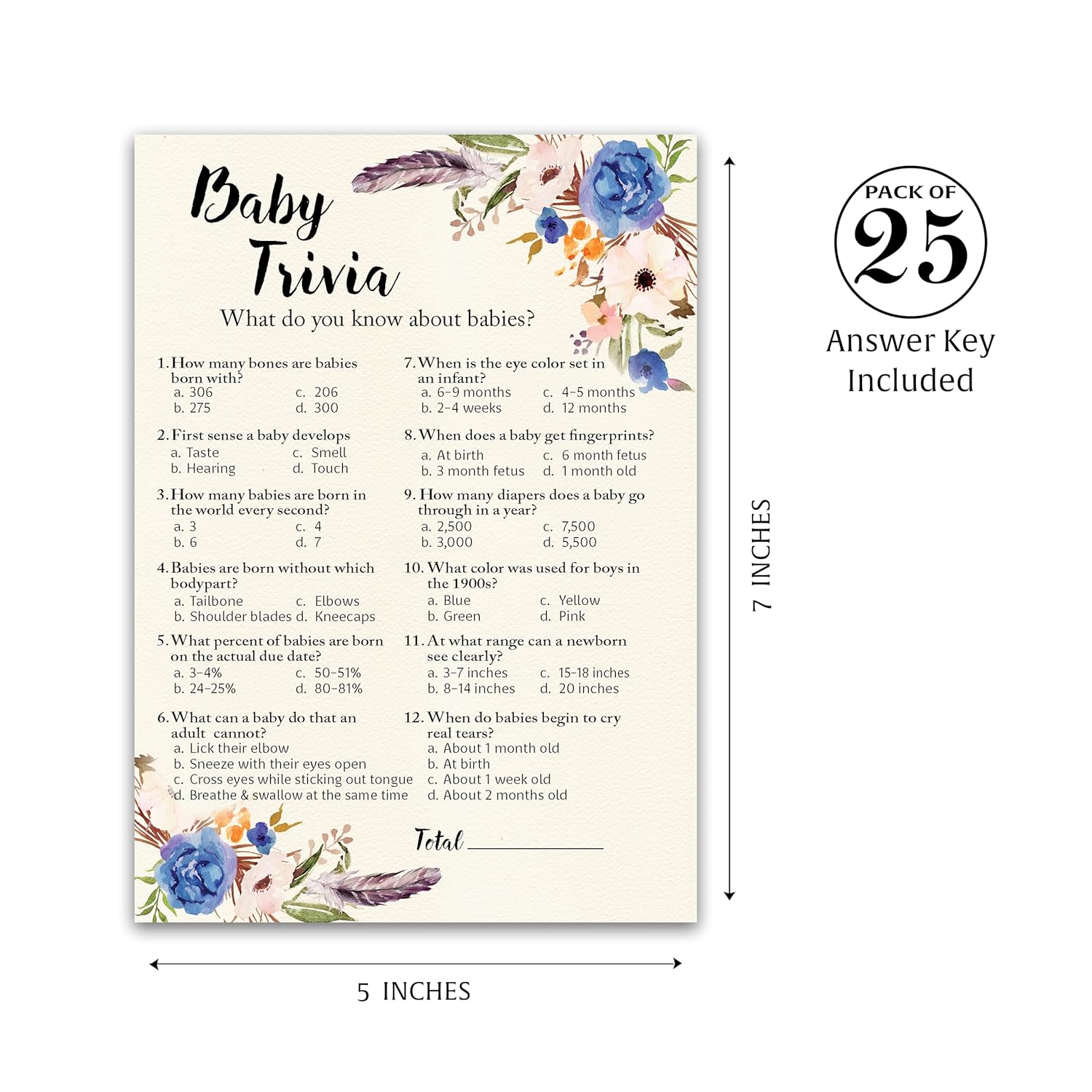 Boho Boy Baby Shower Games — Bohemian Baby Trivia Game — Pack Of 25 — Fun Facts Game, Blue Floral Garden Couples Shower Activity Gender Reveal Party G405-Trv
