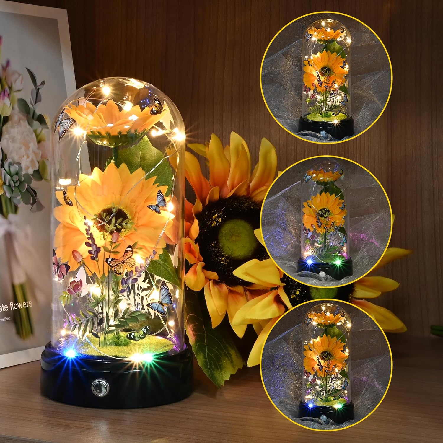 Sunflower Gifts For Women,Yellow Artificial Sunflowers With Led Light In Glass Dome,Cute Sunflower For Christmas,Birthday, Mother'S Day, Valentine'S Day