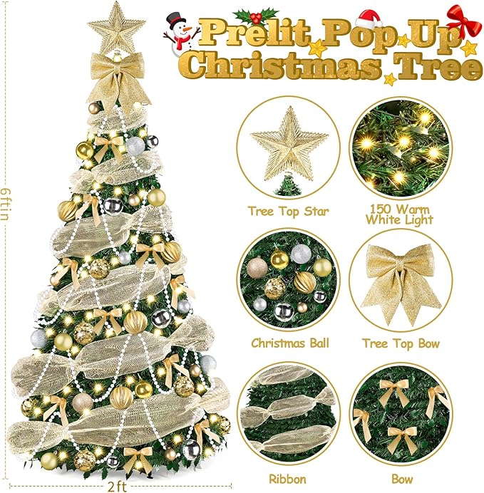 6Ft Pop Up Christmas Tree With Lights, Collapsible Artificial Christmas Tree With 8 Lighting Modes And Timer Remote, Easy Storage, Pre-Lit Xmas Tree For Home Office Apartment Party Holiday Decor