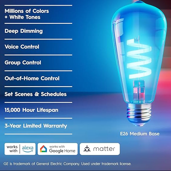 GE Smart ST19 Edison LED Bulbs 2 Pack Color Changing WiFi Light 60W Equivalent Alexa Google Home
